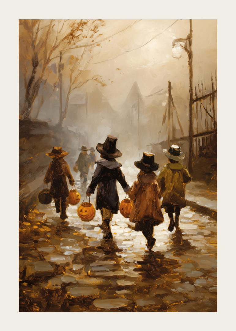 Barn vandrar bland höstlöv med pumpalyktor i skymningen-12