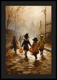 Barn vandrar bland höstlöv med pumpalyktor i skymningen-4