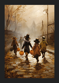 Deti sa prechádzajú medzi jesennými listami s jack-o'-lanterns za súmraku-5