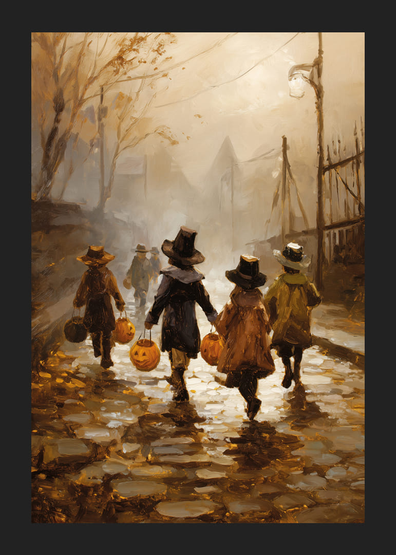 Barn vandrar bland höstlöv med pumpalyktor i skymningen-12