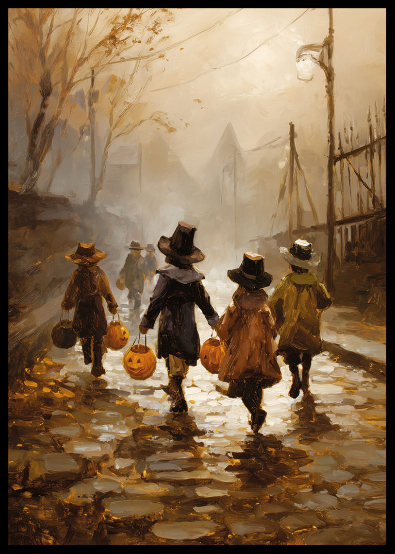 Deti sa prechádzajú medzi jesennými listami s jack-o'-lanterns za súmraku-12
