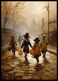 Gyerekek sétálnak őszi levelek között töklámpásokkal alkonyatkor-2