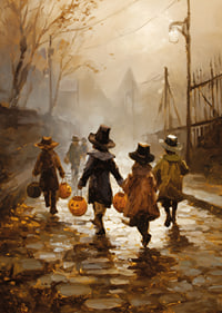 Deti sa prechádzajú medzi jesennými listami s jack-o'-lanterns za súmraku-7