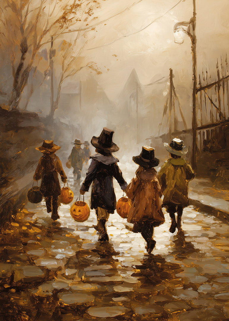 Deti sa prechádzajú medzi jesennými listami s jack-o'-lanterns za súmraku-12