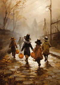 Gyerekek sétálnak őszi levelek között töklámpásokkal alkonyatkor-3