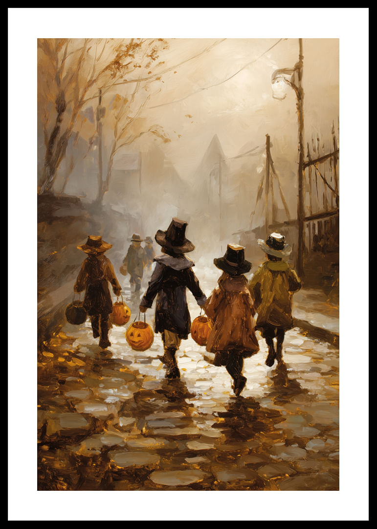 Gyerekek sétálnak őszi levelek között töklámpásokkal alkonyatkor-12