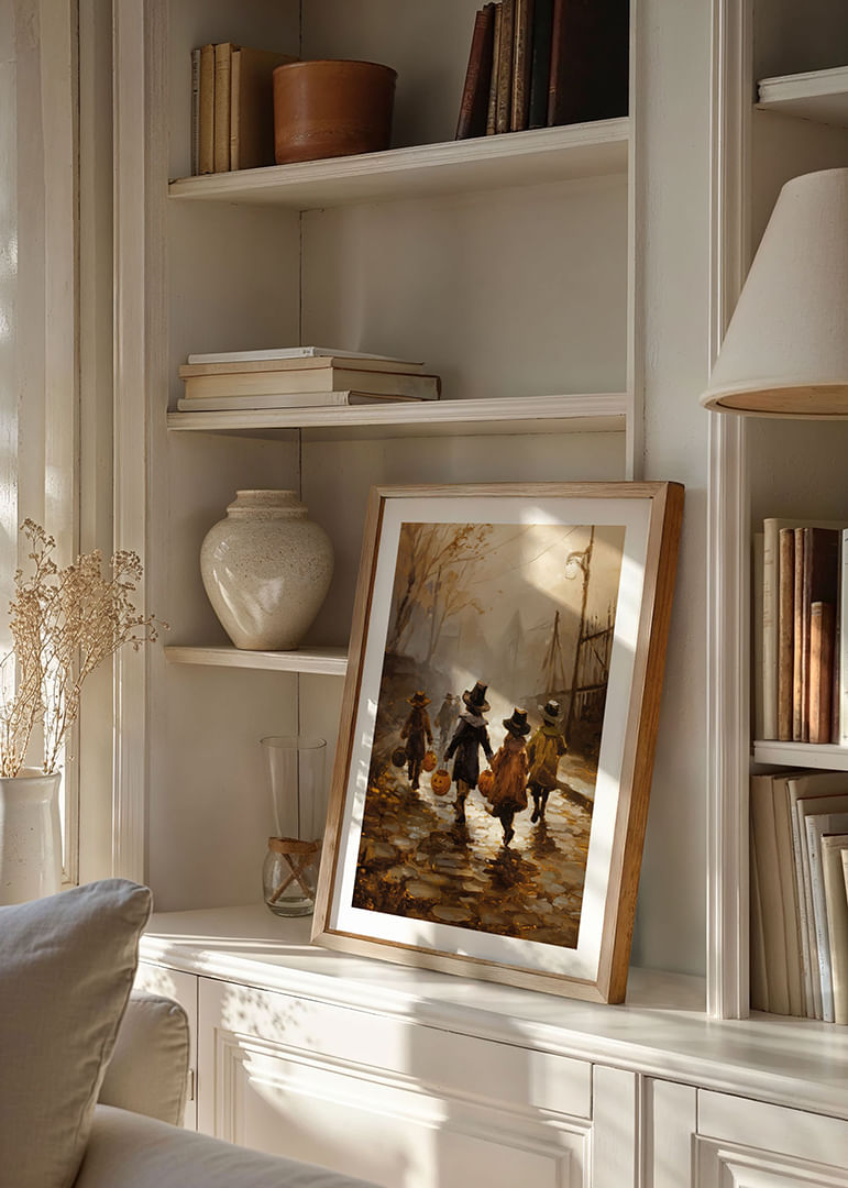 Gyerekek sétálnak őszi levelek között töklámpásokkal alkonyatkor-12