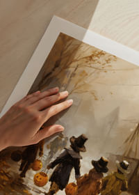 Gyerekek sétálnak őszi levelek között töklámpásokkal alkonyatkor-5