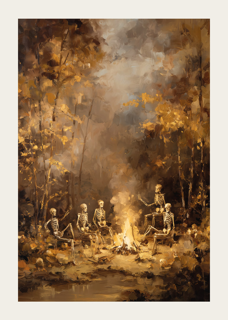 Skeleton collection by campfire in mysterious autumn forest-12