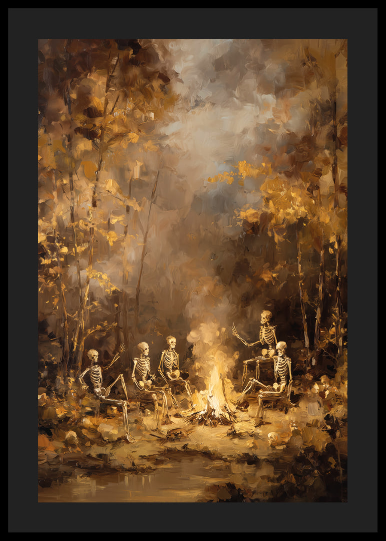 Skeleton collection by campfire in mysterious autumn forest-12