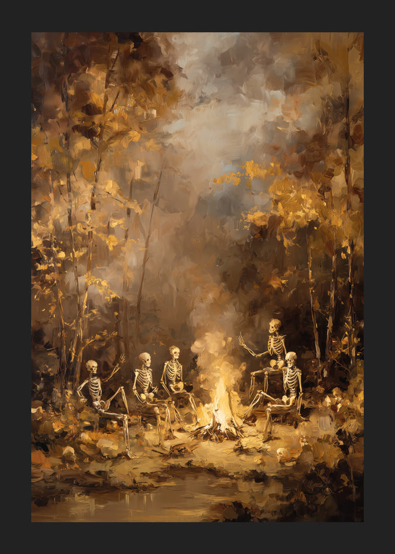 Skeleton collection by campfire in mysterious autumn forest-12