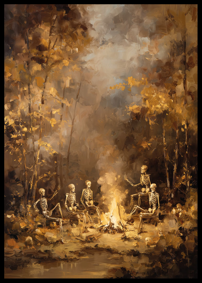 Csontvázgyűjtemény tábortűz mellett titokzatos őszi erdőben-12