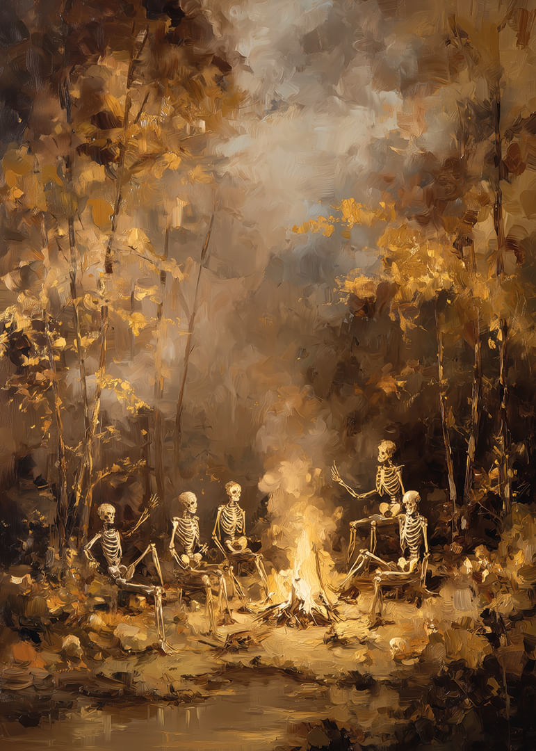 Csontvázgyűjtemény tábortűz mellett titokzatos őszi erdőben-12