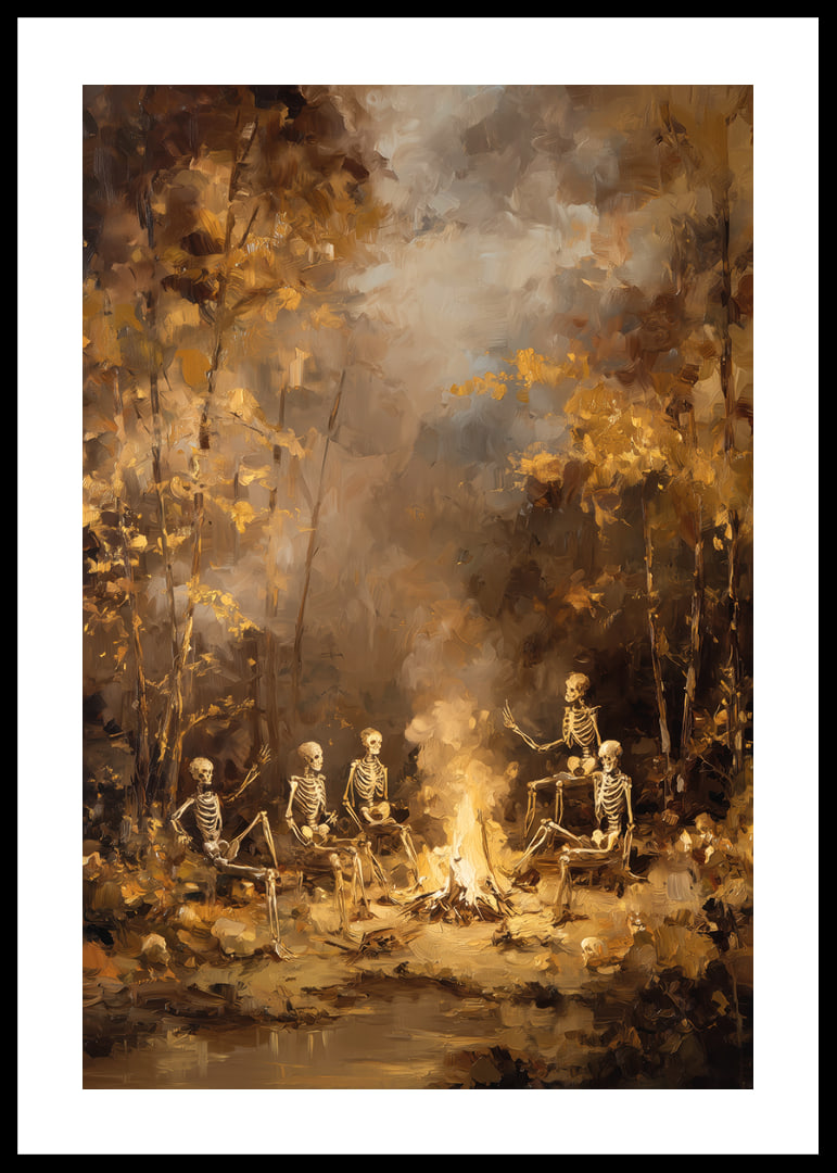Skeleton collection by campfire in mysterious autumn forest-12
