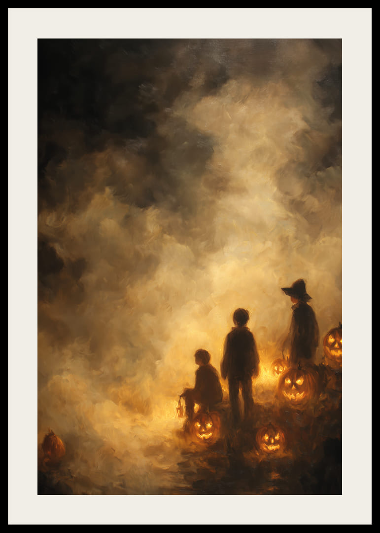 Barn omgivna av pumpalyktor i ett dimmigt sken-12