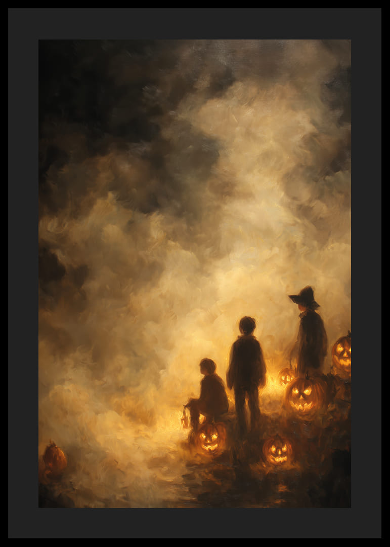 Barn omgivna av pumpalyktor i ett dimmigt sken-12