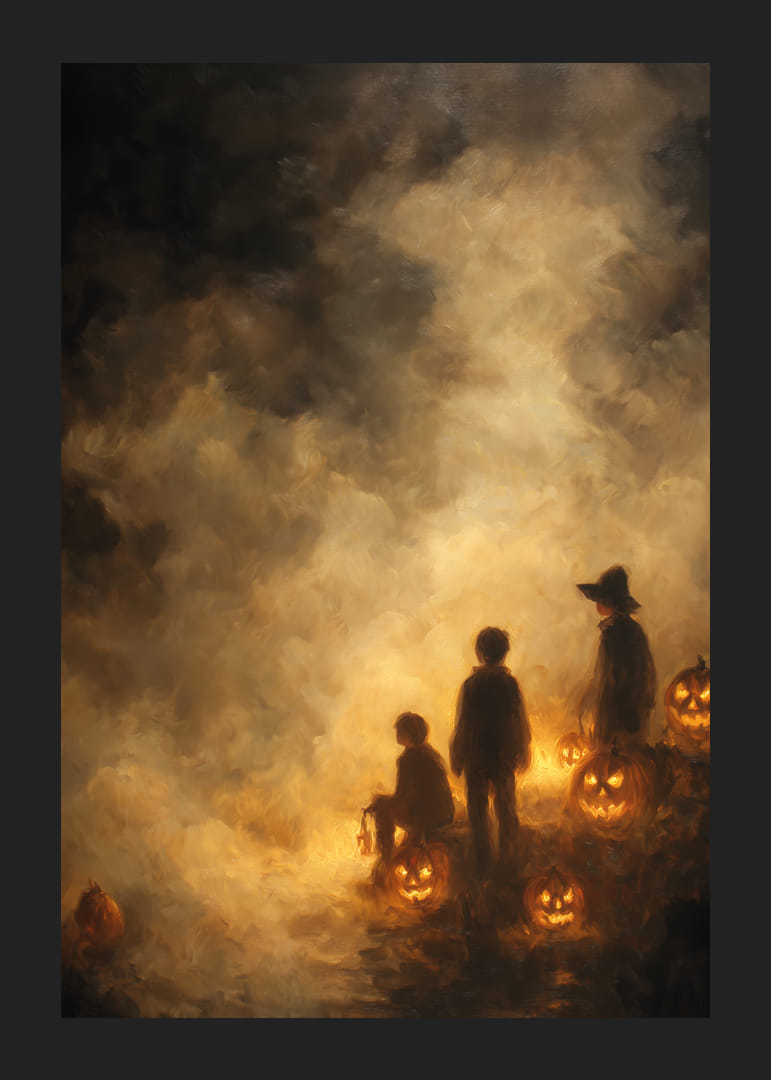 Barn omgivna av pumpalyktor i ett dimmigt sken-12