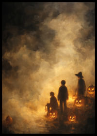 Ködös fényben pompázó töklámpásokkal körülvett gyerekek-2