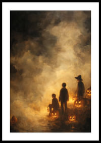 Ködös fényben pompázó töklámpásokkal körülvett gyerekek-0