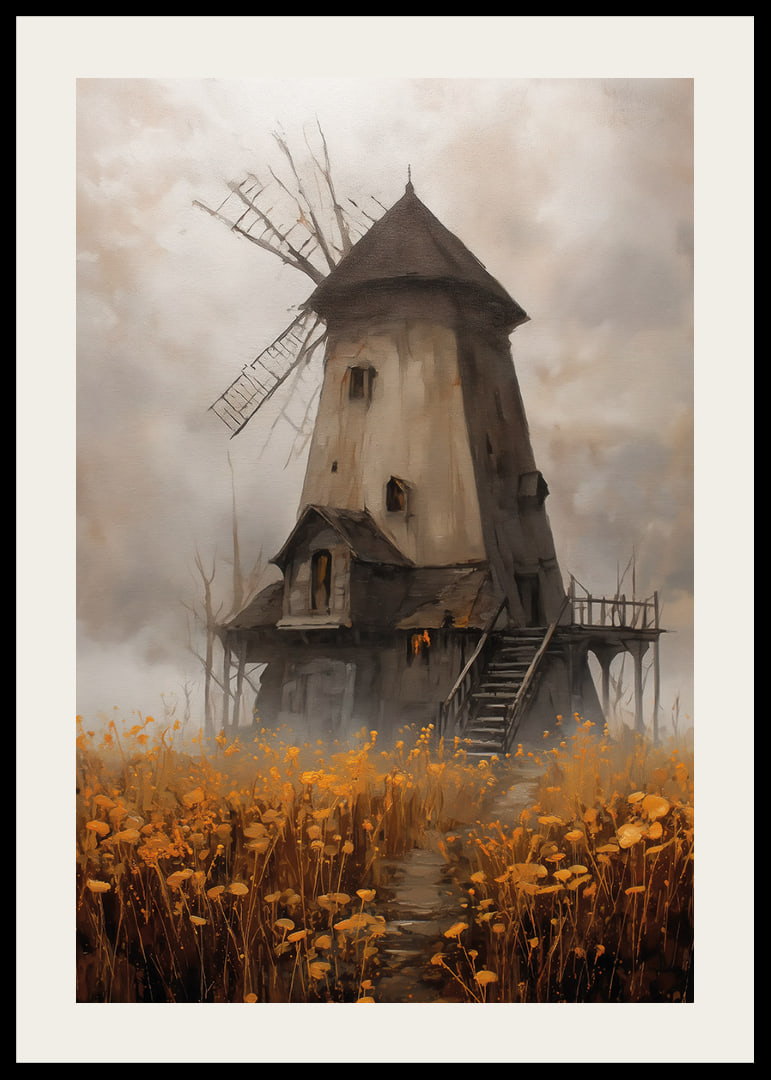 Un vieux moulin à vent entouré de prairies dorées sous un ciel spectaculaire-12