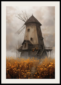 En gammal väderkvarn omgiven av gyllene ängar under en dramatisk himmel-2