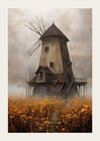 Un vieux moulin à vent entouré de prairies dorées sous un ciel spectaculaire-3