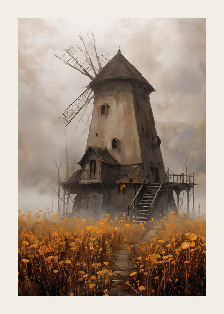 Un vieux moulin à vent entouré de prairies dorées sous un ciel spectaculaire-12
