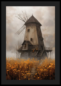 En gammal väderkvarn omgiven av gyllene ängar under en dramatisk himmel-4