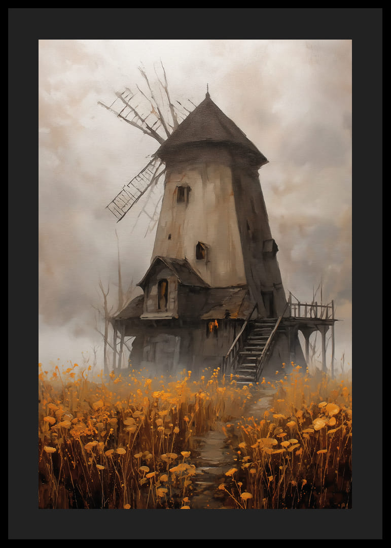 En gammal väderkvarn omgiven av gyllene ängar under en dramatisk himmel-12