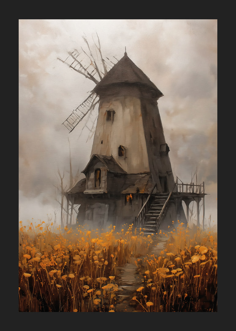 Un vieux moulin à vent entouré de prairies dorées sous un ciel spectaculaire-12