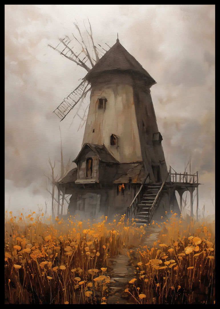 Un vieux moulin à vent entouré de prairies dorées sous un ciel spectaculaire-12