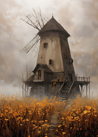 Un vieux moulin à vent entouré de prairies dorées sous un ciel spectaculaire-7
