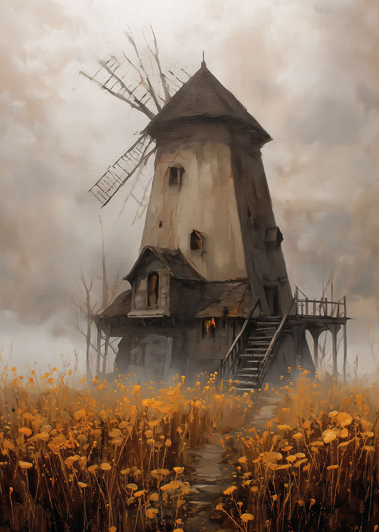 Un vieux moulin à vent entouré de prairies dorées sous un ciel spectaculaire-12