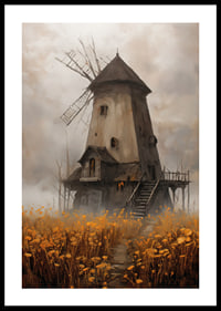 Un vieux moulin à vent entouré de prairies dorées sous un ciel spectaculaire-0