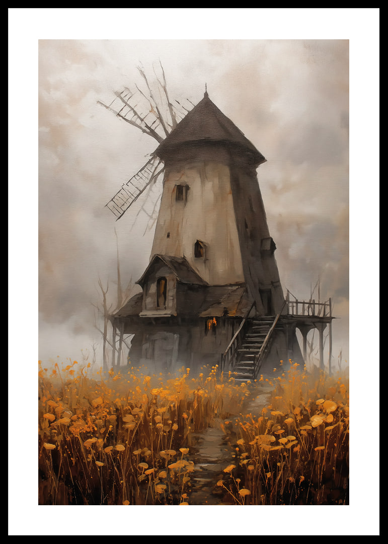 Un vieux moulin à vent entouré de prairies dorées sous un ciel spectaculaire-12