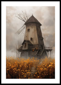 Un vieux moulin à vent entouré de prairies dorées sous un ciel spectaculaire-0