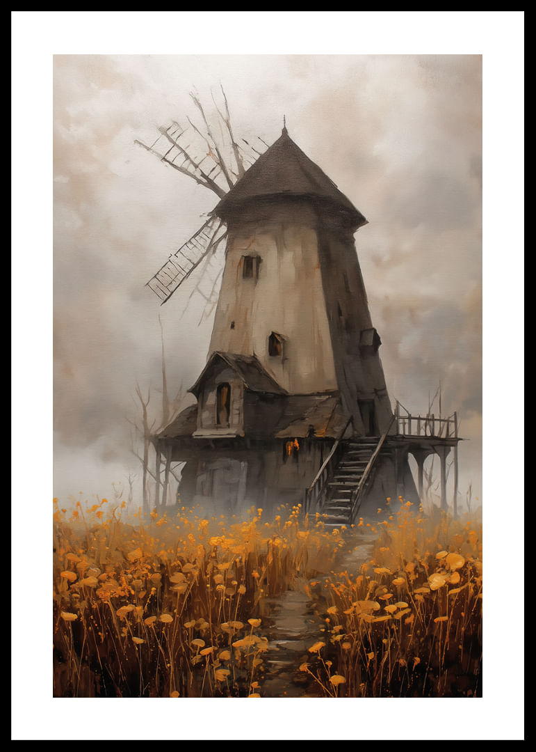 Un vieux moulin à vent entouré de prairies dorées sous un ciel spectaculaire-12