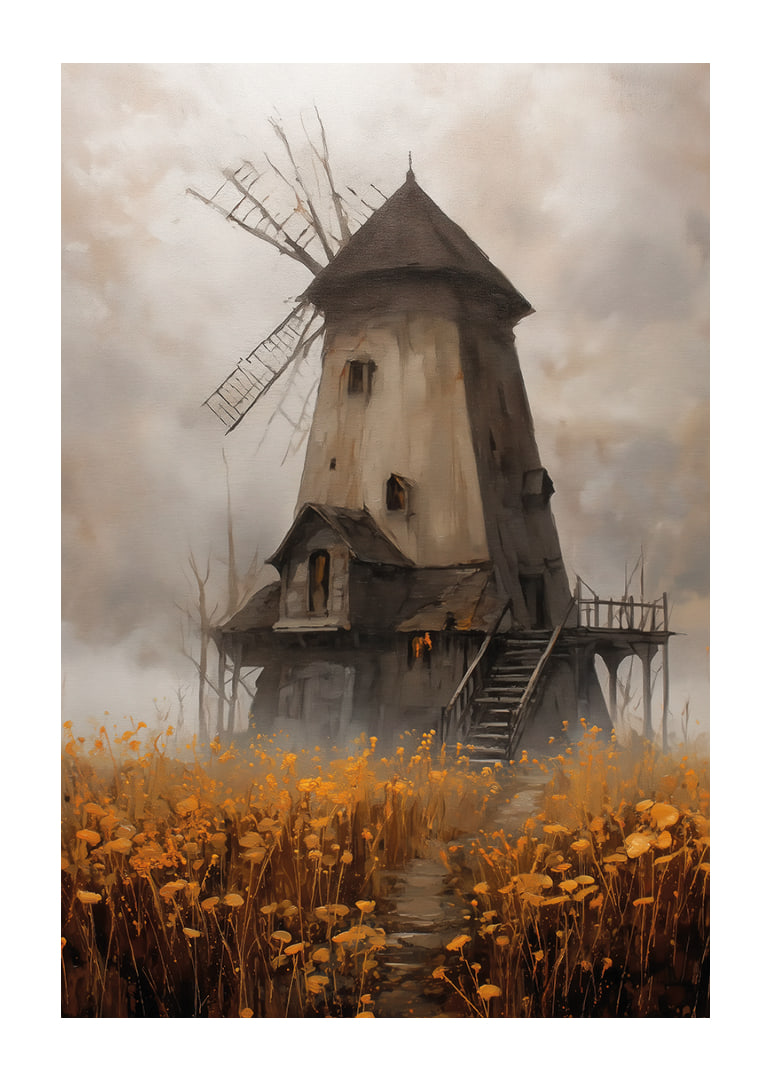 Un vieux moulin à vent entouré de prairies dorées sous un ciel spectaculaire-12