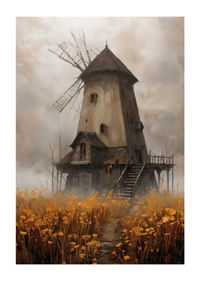 Un vieux moulin à vent entouré de prairies dorées sous un ciel spectaculaire-1