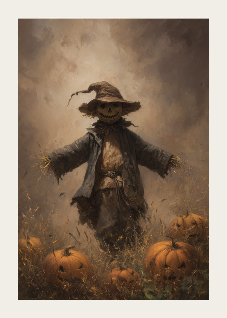 A mysterious scarecrow among pumpkins spreads autumn mood-12