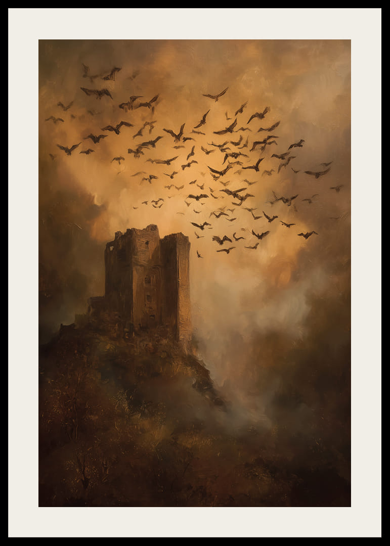 En mystisk borg omgiven av fåglar i dramatisk skymning-12