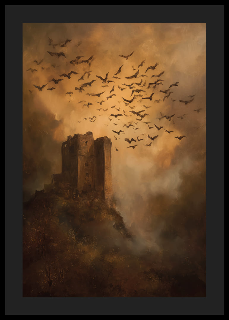 En mystisk borg omgiven av fåglar i dramatisk skymning-12