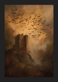 En mystisk borg omgiven av fåglar i dramatisk skymning-5