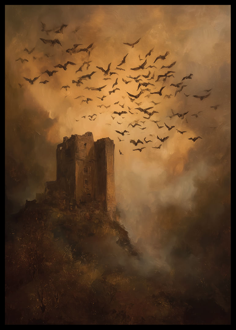 Egy titokzatos kastély, madarakkal körülvéve, drámai alkonyatkor-12