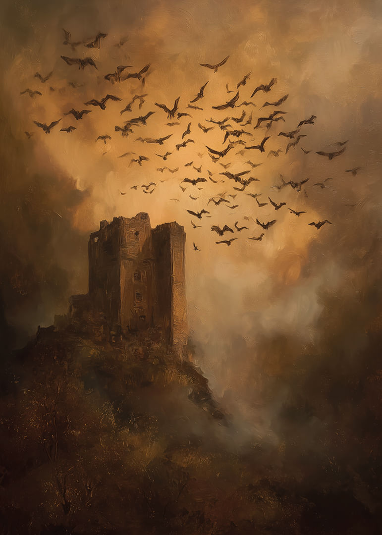 Egy titokzatos kastély, madarakkal körülvéve, drámai alkonyatkor-12