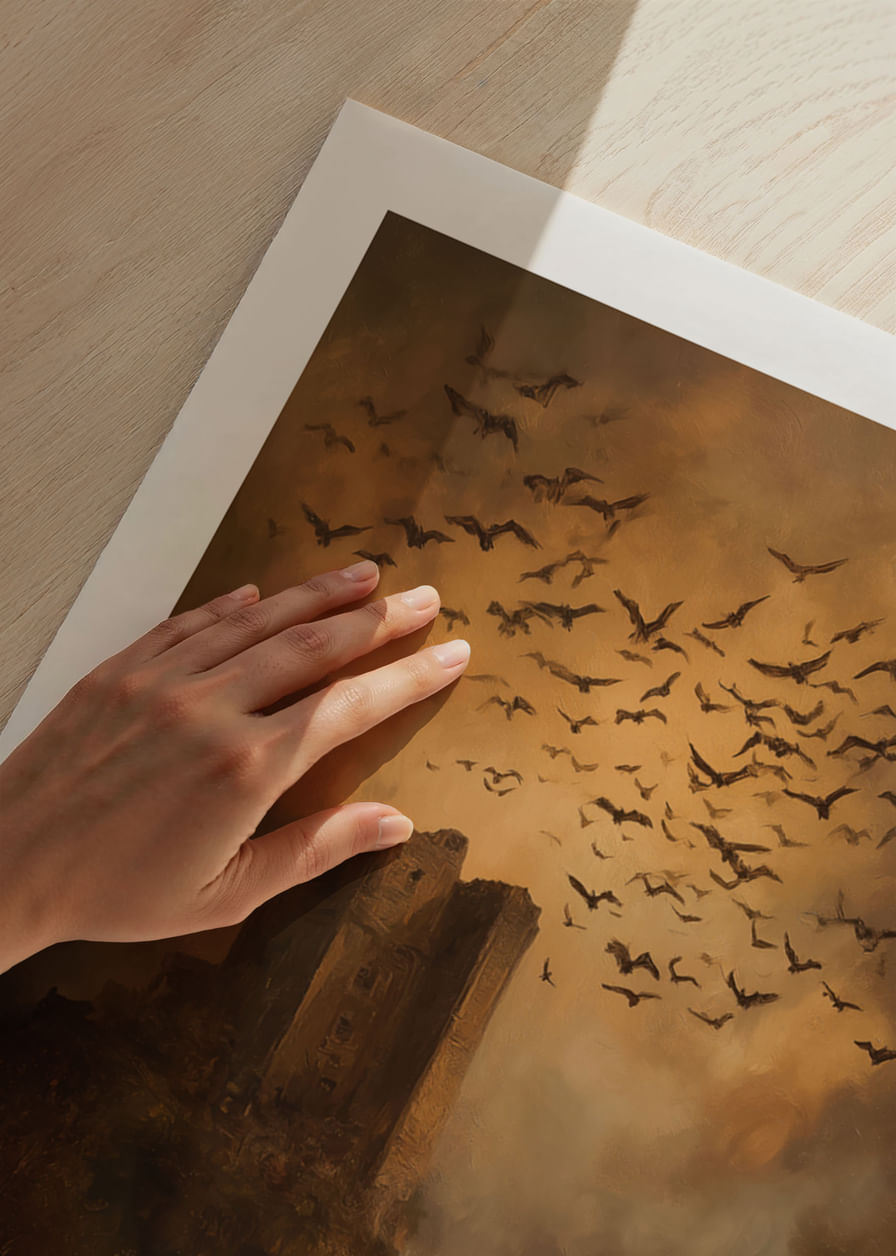 Egy titokzatos kastély, madarakkal körülvéve, drámai alkonyatkor-12