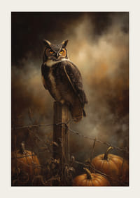 An owl watches quietly over the pumpkins in the magical evening light-3