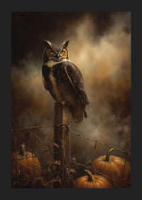 An owl watches quietly over the pumpkins in the magical evening light-5