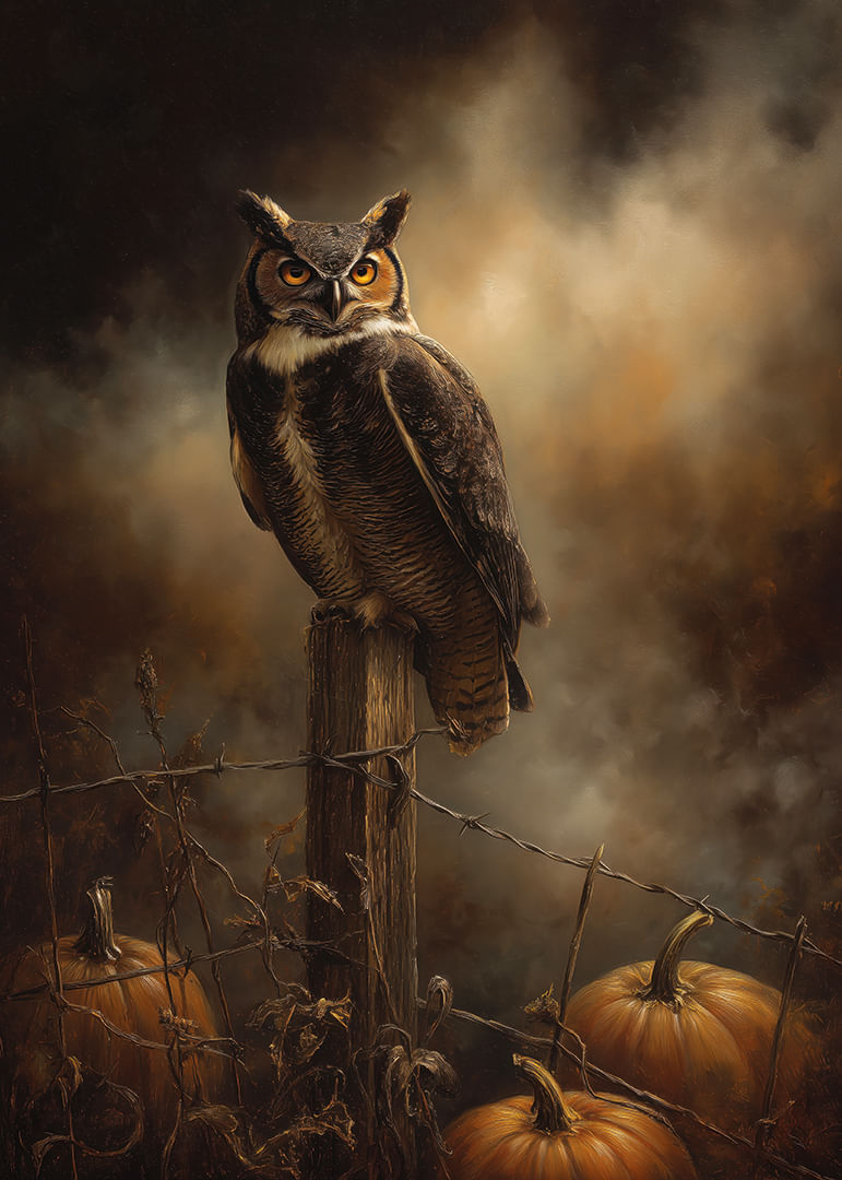 Egy bagoly csendben figyeli a tököket a varázslatos esti fényben-12