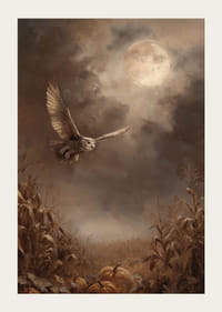 An owl soars through the twilight over an autumnal field-3